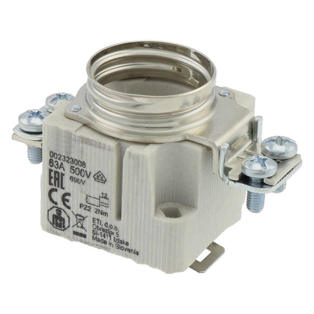 Eine Keramik-Elektro-Steckdose mit Metallbefestigung, gekennzeichnet mit '63A 500V', ausgestattet mit Schrauben zur Verbindung und Konformitätskennzeichnungen.