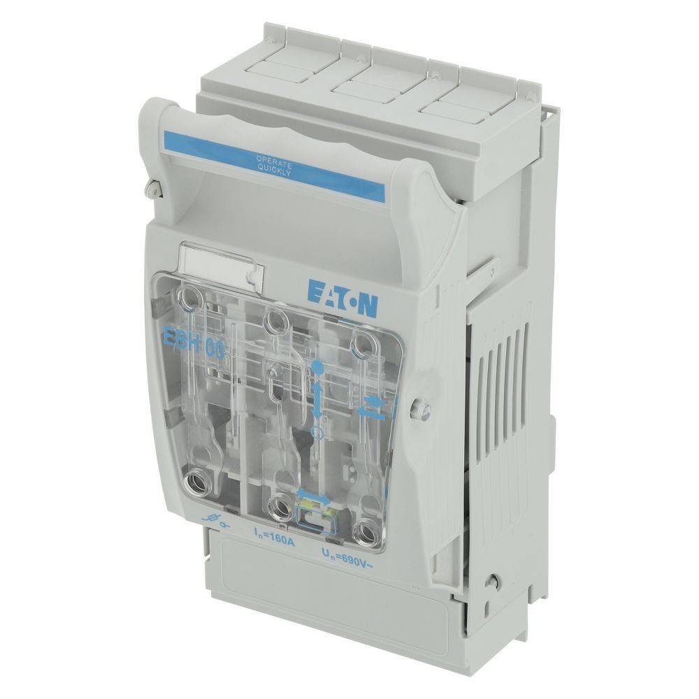 Ein weißer Eaton-Elektroschalter mit transparenter Abdeckung, die Innenkomponenten zeigt, ausgelegt für Stromkreisschutz, mit einer Nennleistung von 160A, 400V.