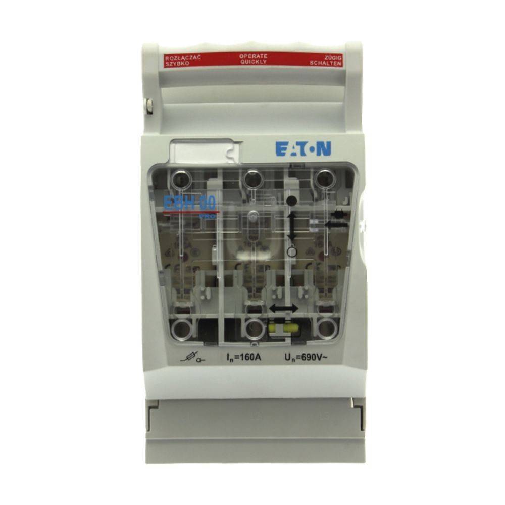 Das Bild zeigt einen EATON OLMC 200 Lasttrennschalter mit folgenden technischen Spezifikationen: Nennstrom 160A, Nennspannung 690V.