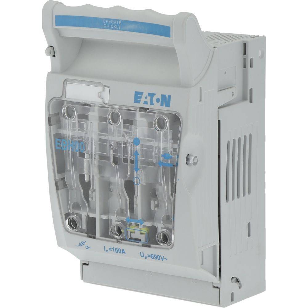 Ein grauer Eaton-Elektro-Schalter-Trenner mit einer transparenten Frontblende, der die internen Komponenten zeigt und eine Beschriftung mit 'I = 160A, U = 690V' aufweist.