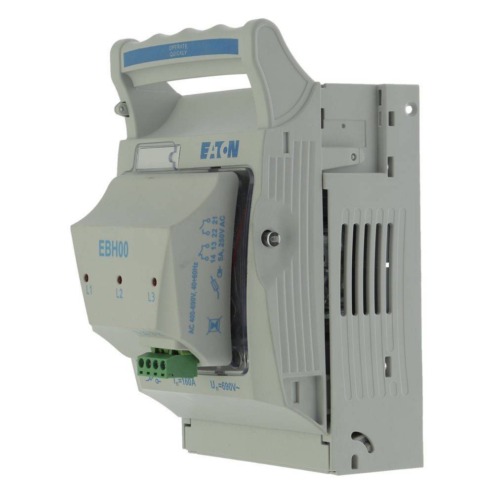 Eine weiße Eaton EBH00 elektrische Komponente mit sichtbaren Metallverbindern und blauen Etiketten, konzipiert für industrielle elektrische Systeme.