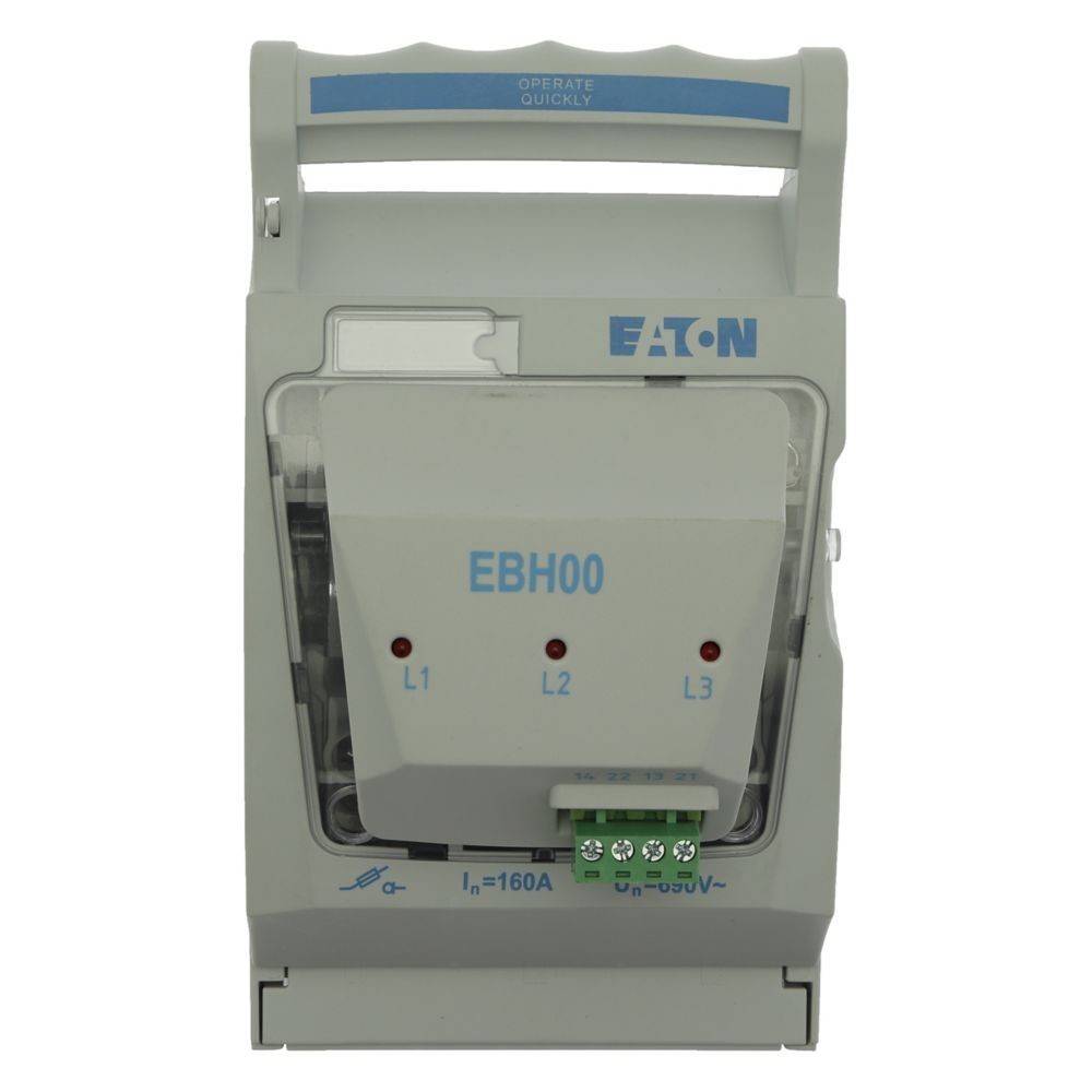 Eaton EBH00 Sicherungslasttrennschalter, der die Betriebseinheit und beschriftete Anschlusspunkte für eine dreiphasige elektrische Installation zeigt.