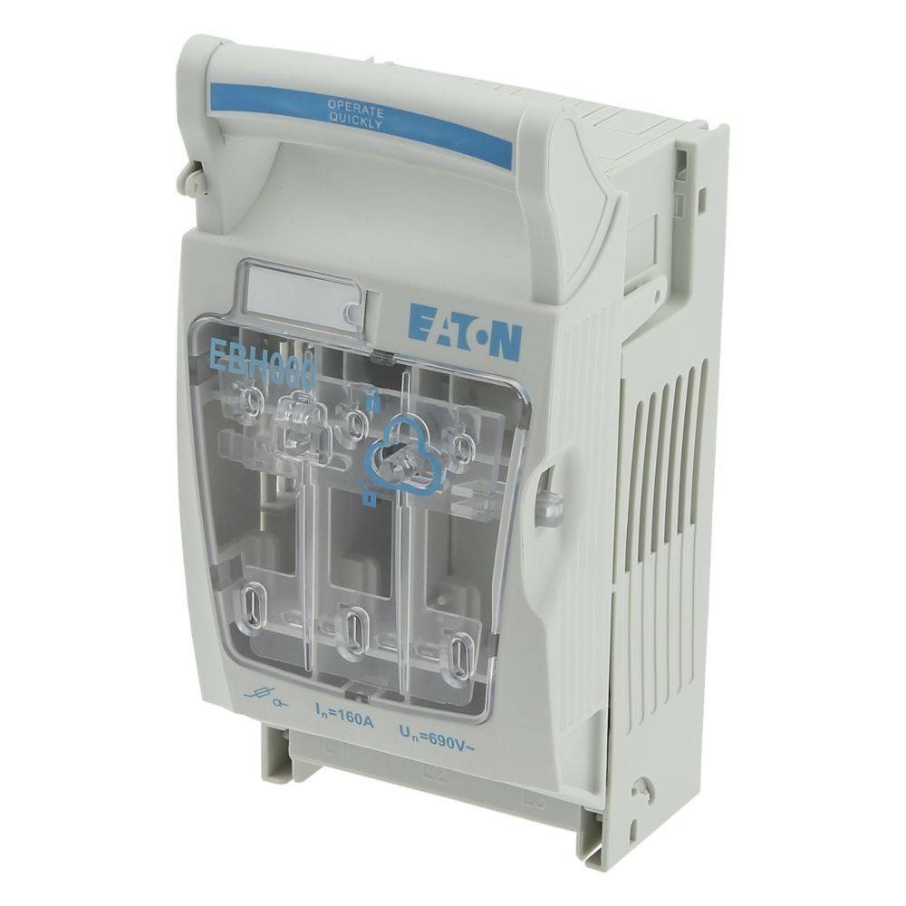Ein weißer Eaton Elektro-Trennschalter mit transparenter Abdeckung, blauen Akzenten und der Beschriftung '160A' und '690V'.