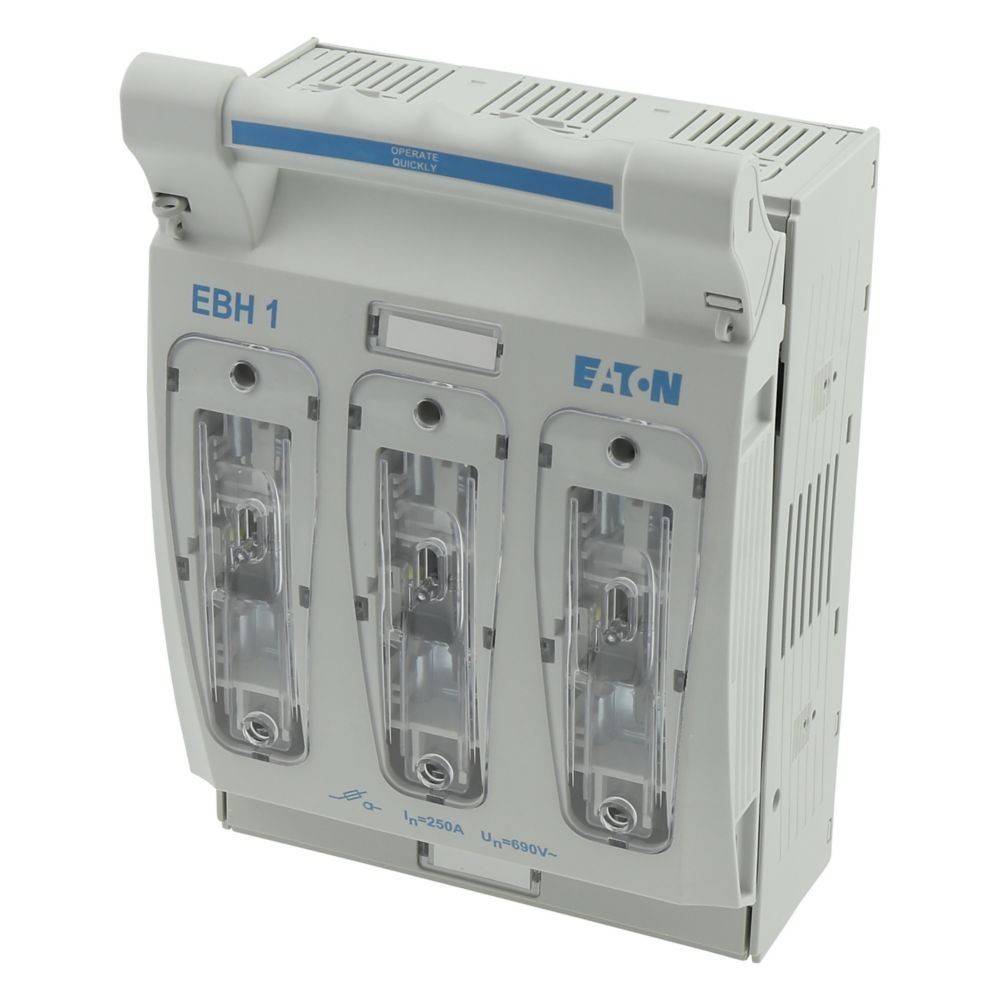 Ein dreiphasiger Leistungsschalter mit transparenten Frontplatten, die interne Komponenten zeigen, beschriftet mit 'EBH 1' und 'EATON'.