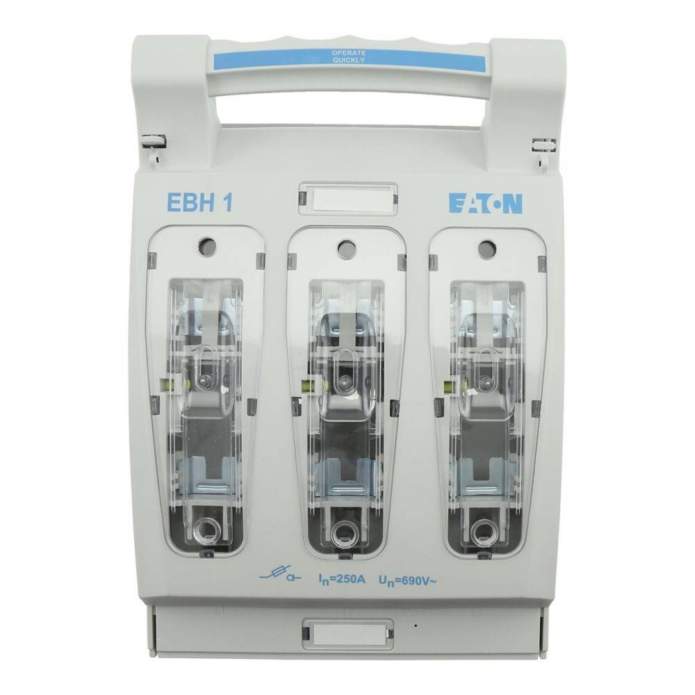 Eaton EBH 1 elektrisches Gerät; ein Sammelschienensystem mit drei Kompartimenten, das eine Kapazität von 250A/690V anzeigt und für die Stromverteilung konzipiert ist.