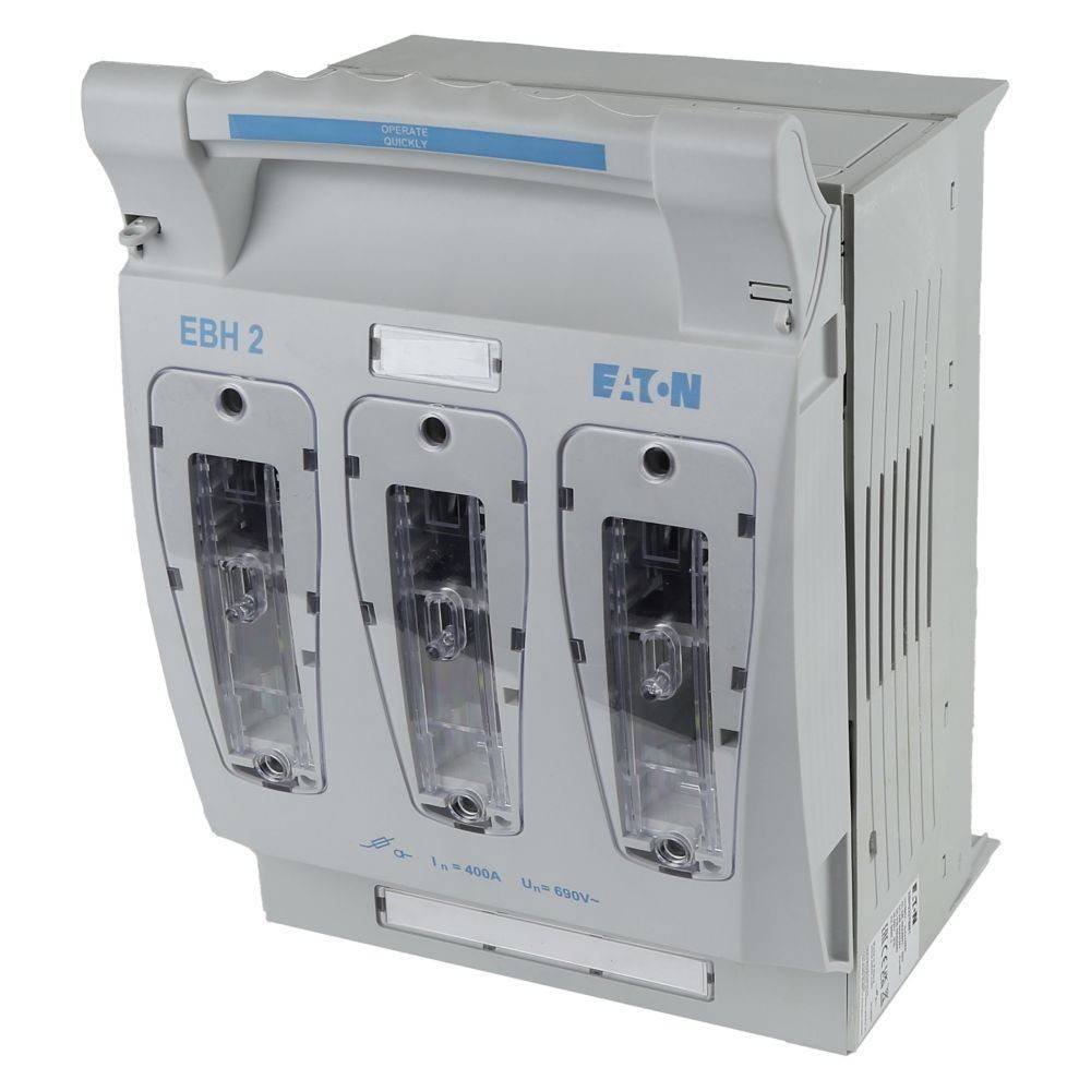 Ein grauer elektrischer Schaltschrank mit drei transparenten Abdeckpaneelen, mit der Bezeichnung EBH 2 von Eaton, der Innenkomponenten und Anschlusspunkte zeigt.