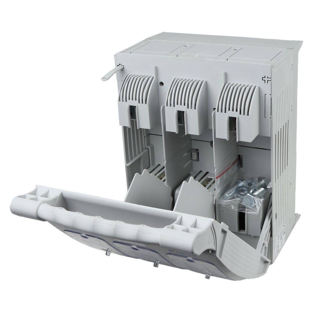 Eine weiße, wandmontierte elektrische Verteilerdose mit mehreren Fächern und Anschlüssen, wobei ein Fach geöffnet ist und den internen Verdrahtungsraum zeigt.