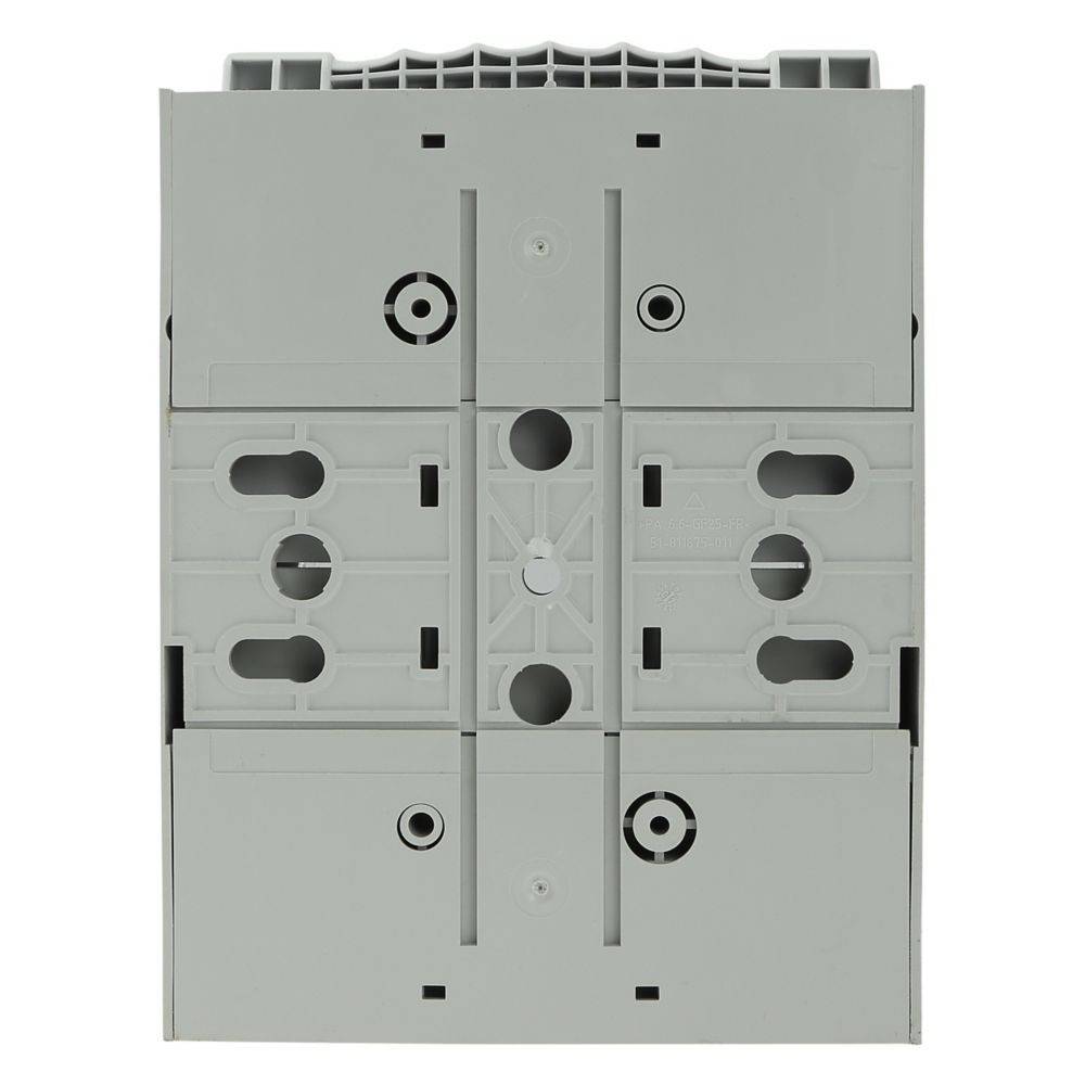 Eine graue, rechteckige elektronische Komponente mit mehreren Schraublöchern und Rillen, möglicherweise für die Montage oder Zusammenbauzwecke vorgesehen.