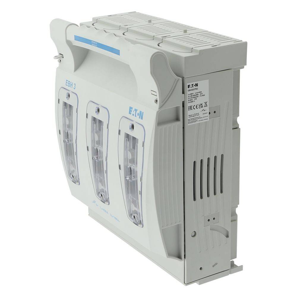 Ein elektrischer Sicherungsautomat mit einem weißen, rechteckigen Gehäuse, das drei transparente Schalter aufweist, mit der Beschriftung 