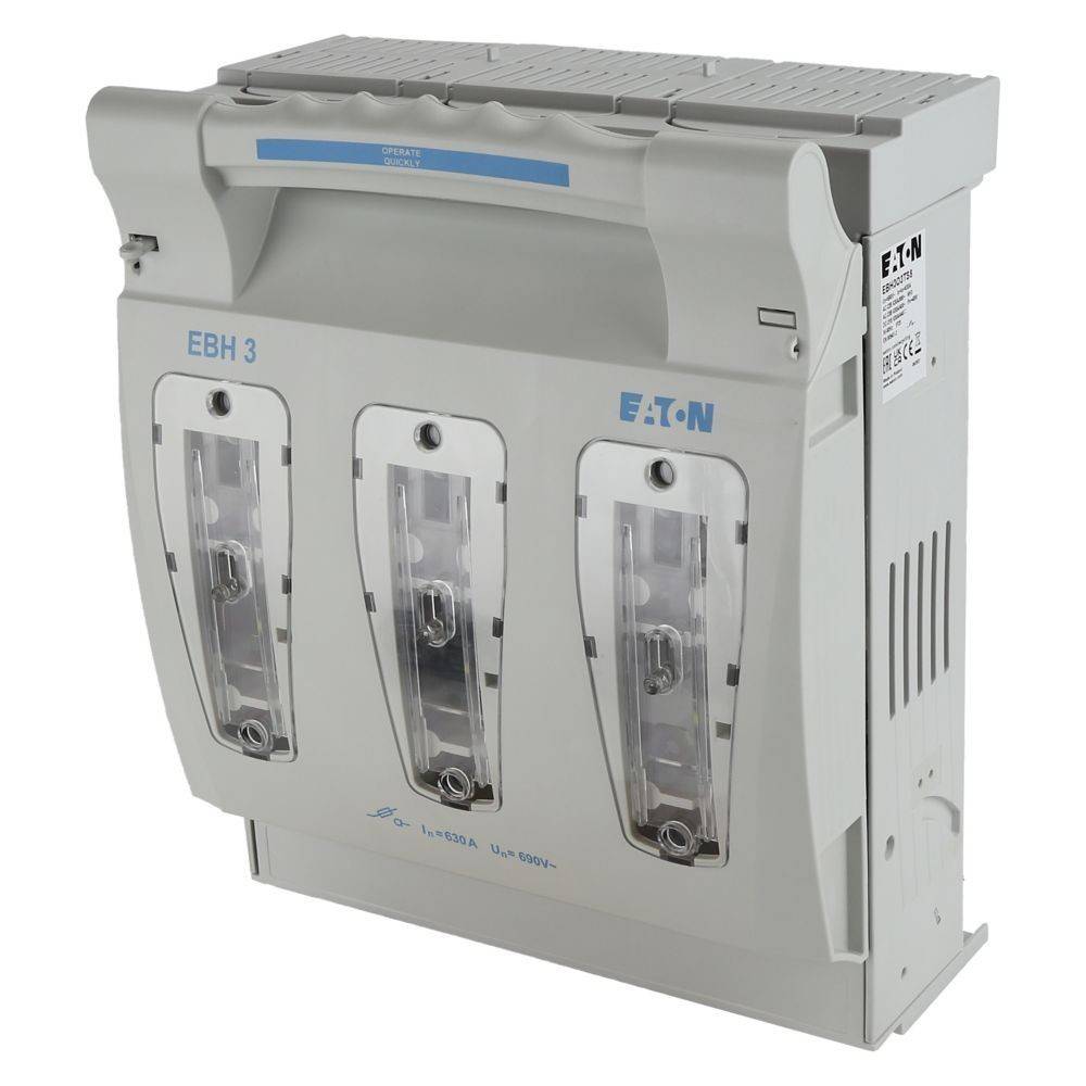 Ein dreipoliger elektrischer Trennschalter mit transparenten Fenstern an jedem Pol, beschriftet mit 'EBH 3' und versehen mit 'EATON' Logos.