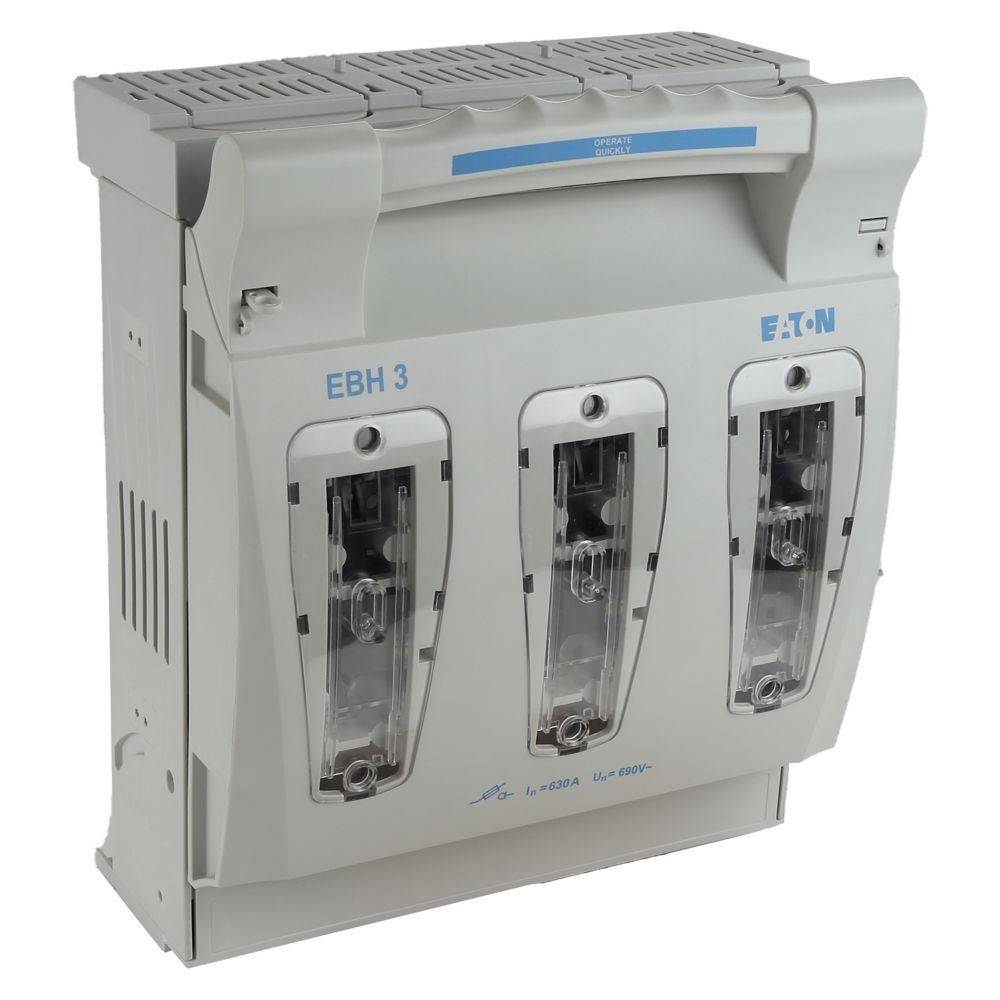 Elektrische Schaltanlage mit dem Titel 'EBH 3' von Eaton, ausgestattet mit drei transparenten Klappdeckeln für Leistungsschalter, verwendet zur Steuerung der Stromverteilung.