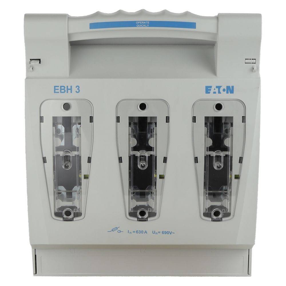 Eaton EBH 3 Dreiphasen-Elektroschalter, ausgelegt für 630A und 690V, mit drei sichtbaren Schaltfachkompartimenten für Hochleistungsanwendungen.