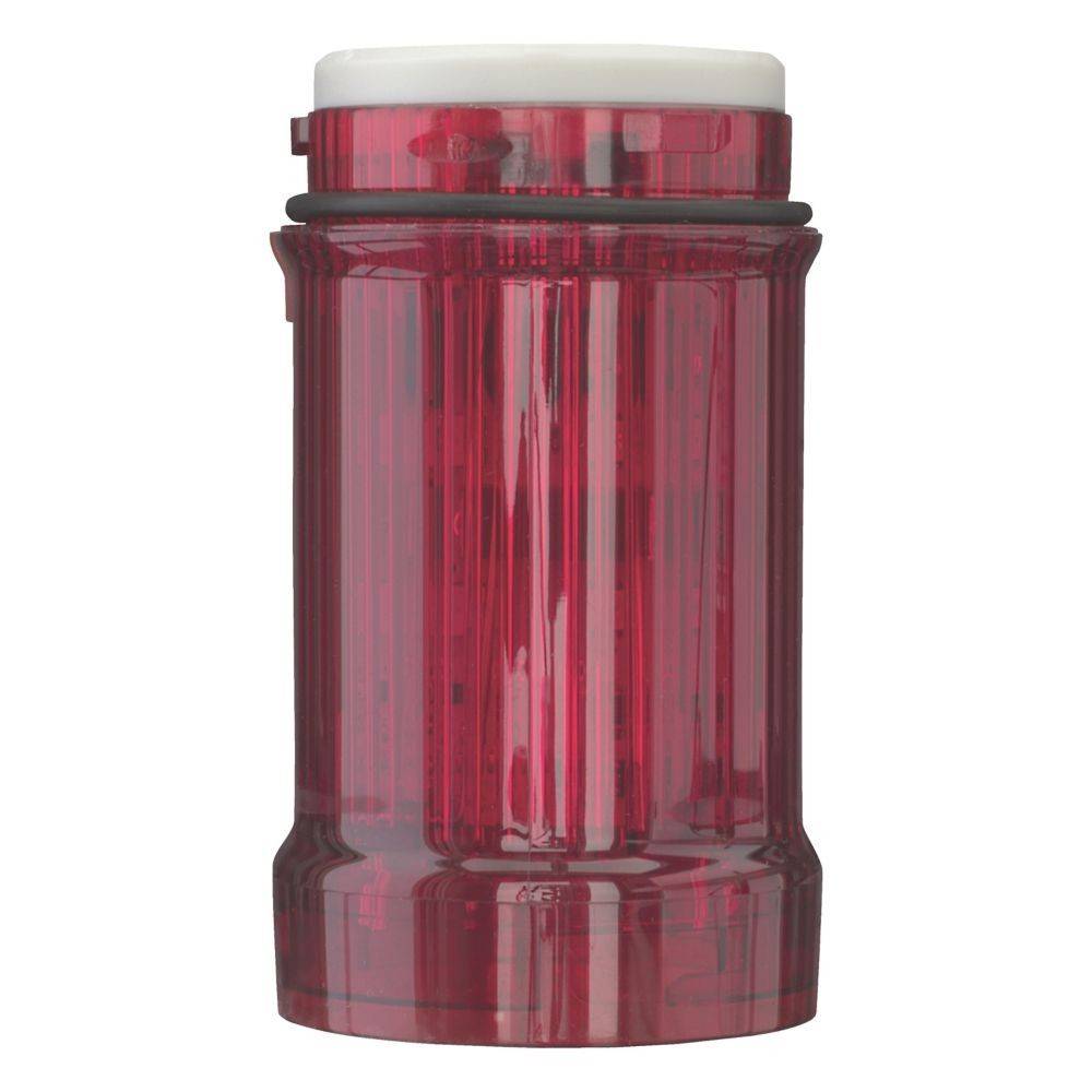 Eine rote, zylindrische, durchscheinende Flasche mit einem weißen Deckel, von der Seite betrachtet.