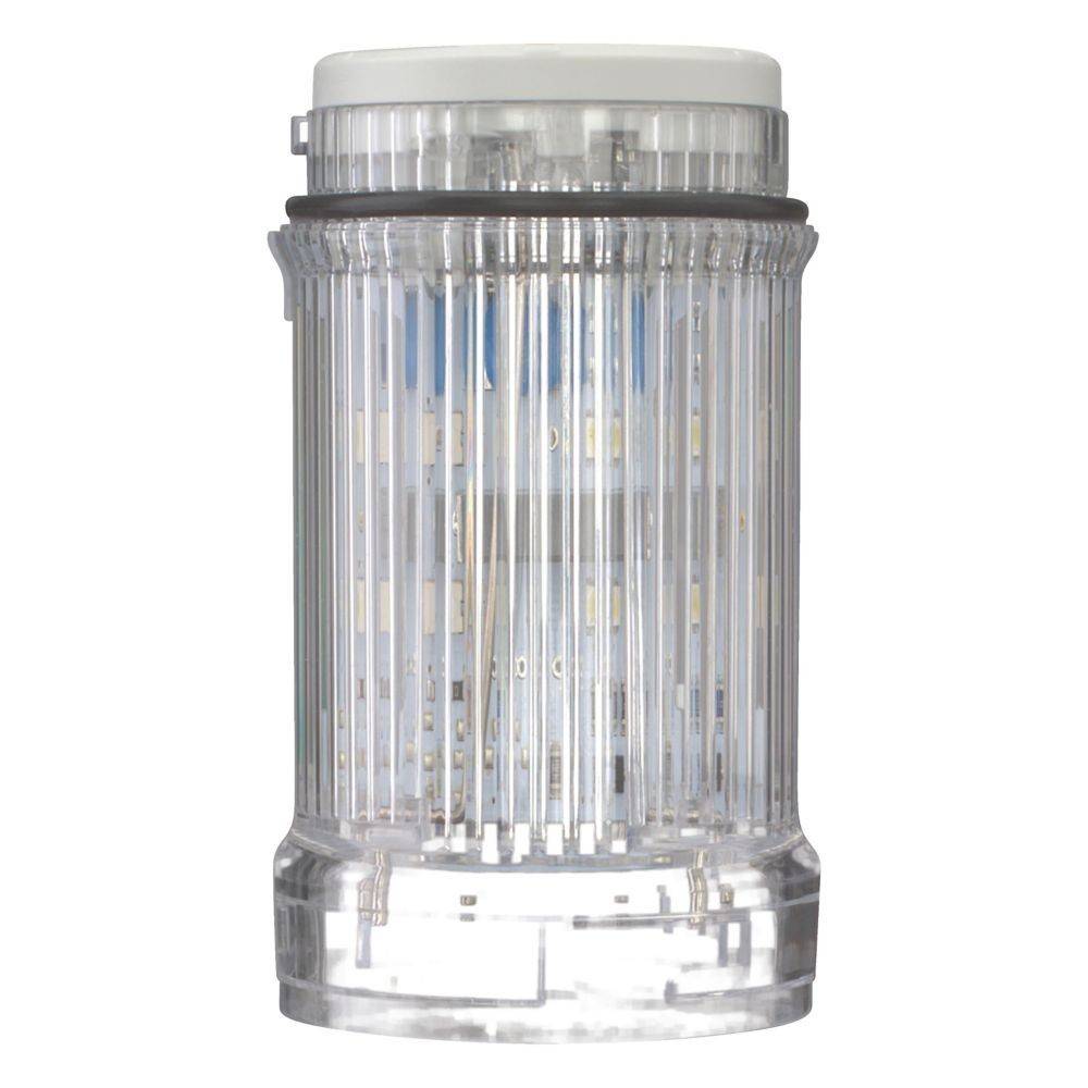 Eine zylindrische LED-Glühbirne mit transparenter, gerippter Verkleidung, die die Innenkomponenten sichtbar macht und für effiziente Beleuchtung konzipiert ist.