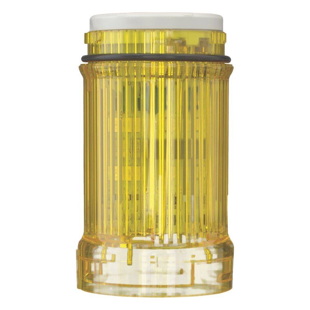 Eine gelbe, zylindrische Industriesignalleuchte mit transparenter Linse steht vor einem neutralen Hintergrund.