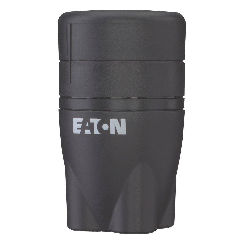 Ein schwarzes, zylindrisches Objekt mit dem Logo 'EATON' auf seiner Oberfläche, das einem Deckel oder einer Abdeckung ähnelt und wahrscheinlich Teil einer industriellen Komponente ist.