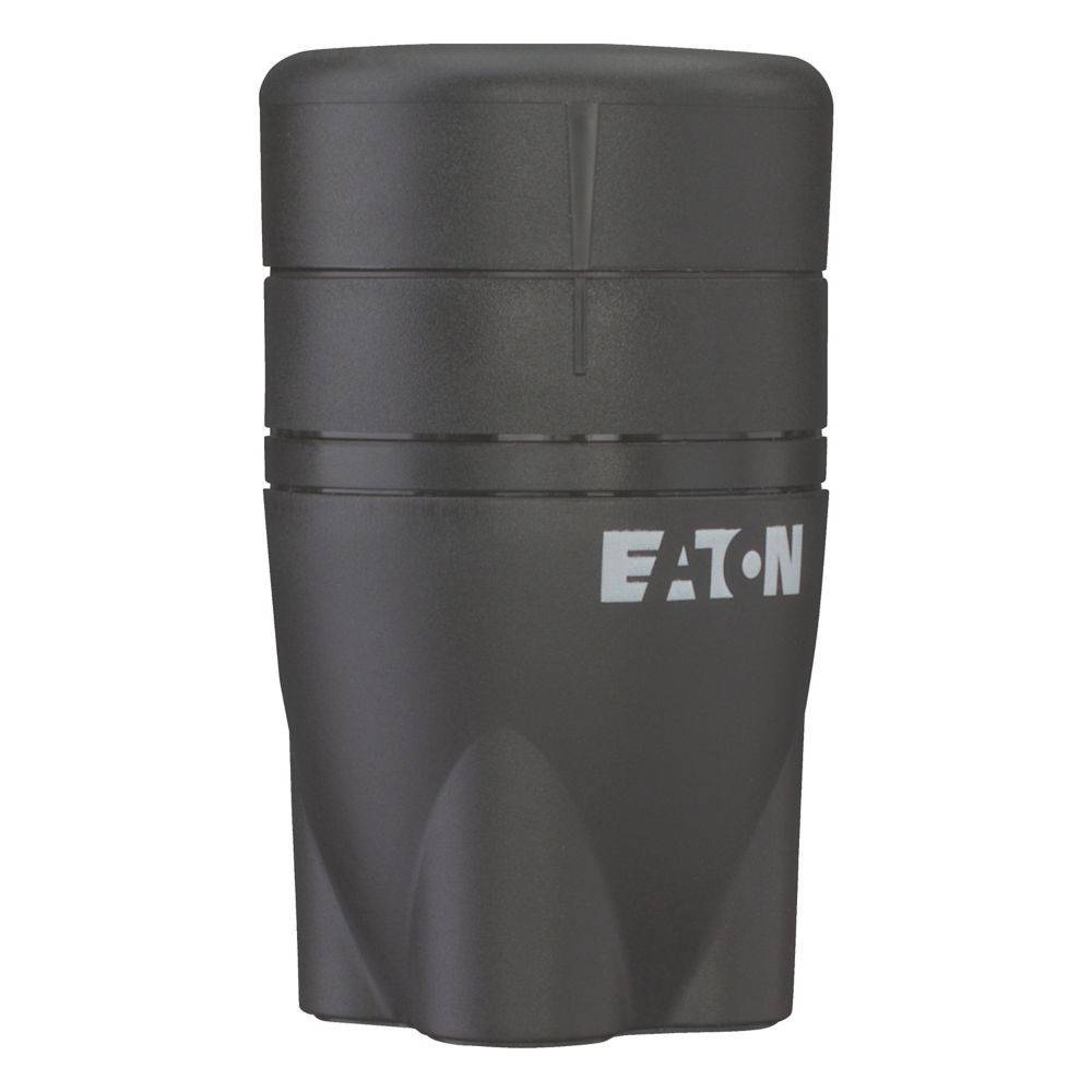 Eine schwarze, zylindrische Eaton-Elektrokomponente mit weißem Eaton-Logo an ihrer Seite.