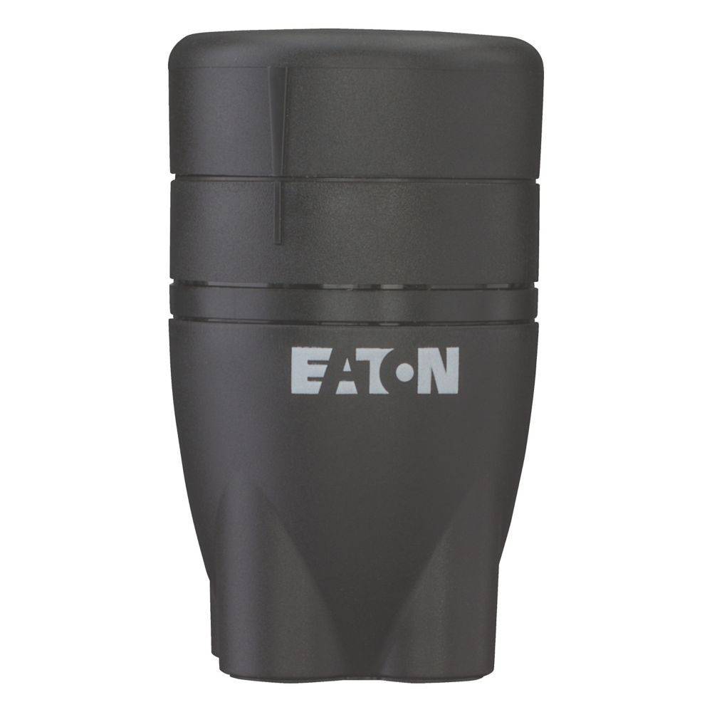 Eine schwarze elektrische Komponente mit dem Markennamen 'EATON', der auf ihrer Oberfläche gedruckt ist. Das Gerät hat eine zylindrische Form mit gerillten Details.
