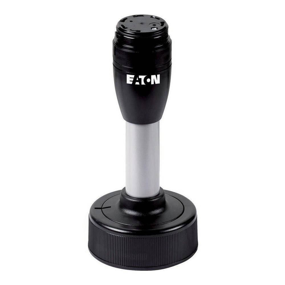 Ein schwarzer und silberner Eaton-Joystick mit einer runden Basis, der für industrielle Steuerungssysteme verwendet wird, isoliert auf weißem Hintergrund.