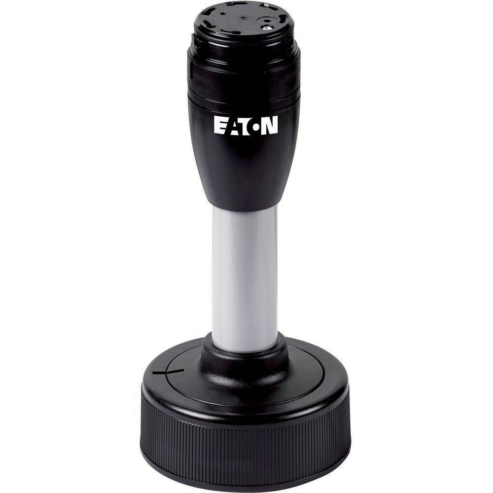 Eaton-Drucktaster, schwarzer Deckel, silberner Sockel, runde Bauform, verwendet in elektrischen Steuerungstafel für Industriemaschinen.