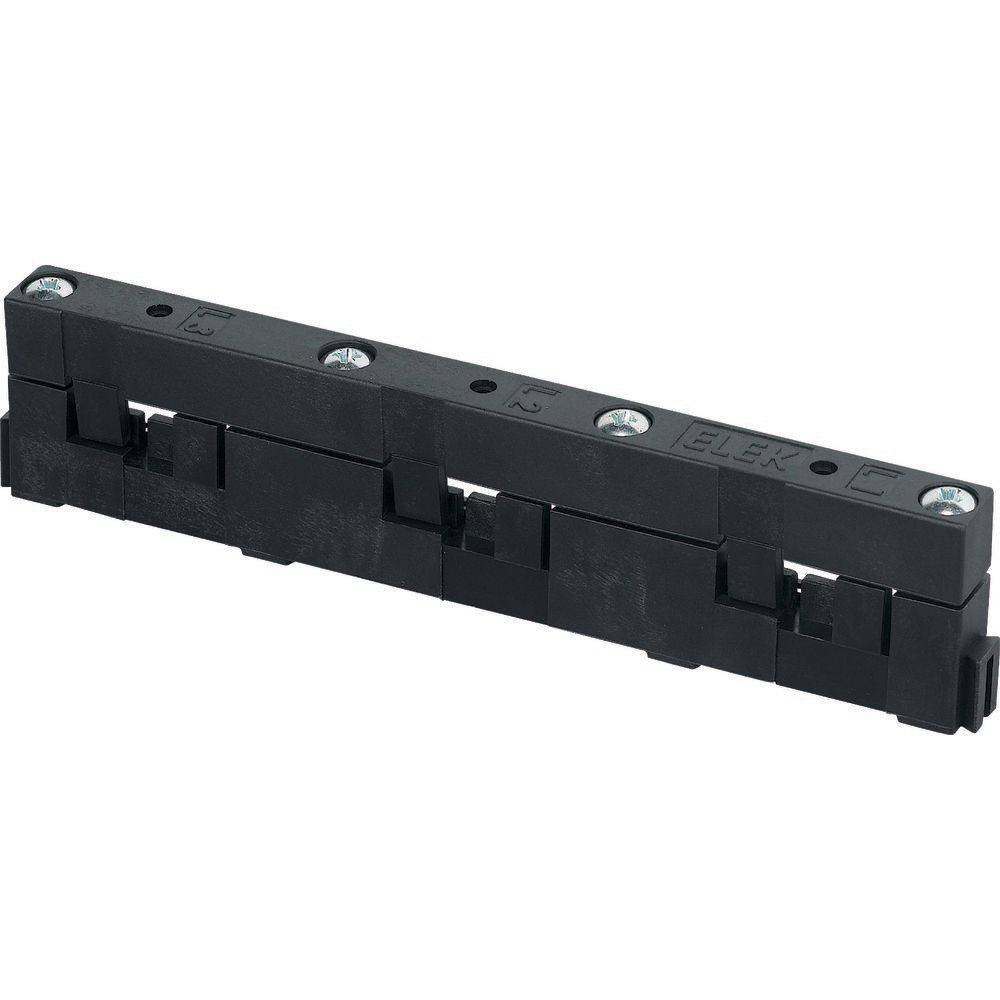 Ein schwarzer Elektro-Anschlussblock mit mehreren Schraubklemmen und den Beschriftungen 'L', 'N' und 'PE', der für Verkabelung und Schaltungsverbindungen verwendet wird.