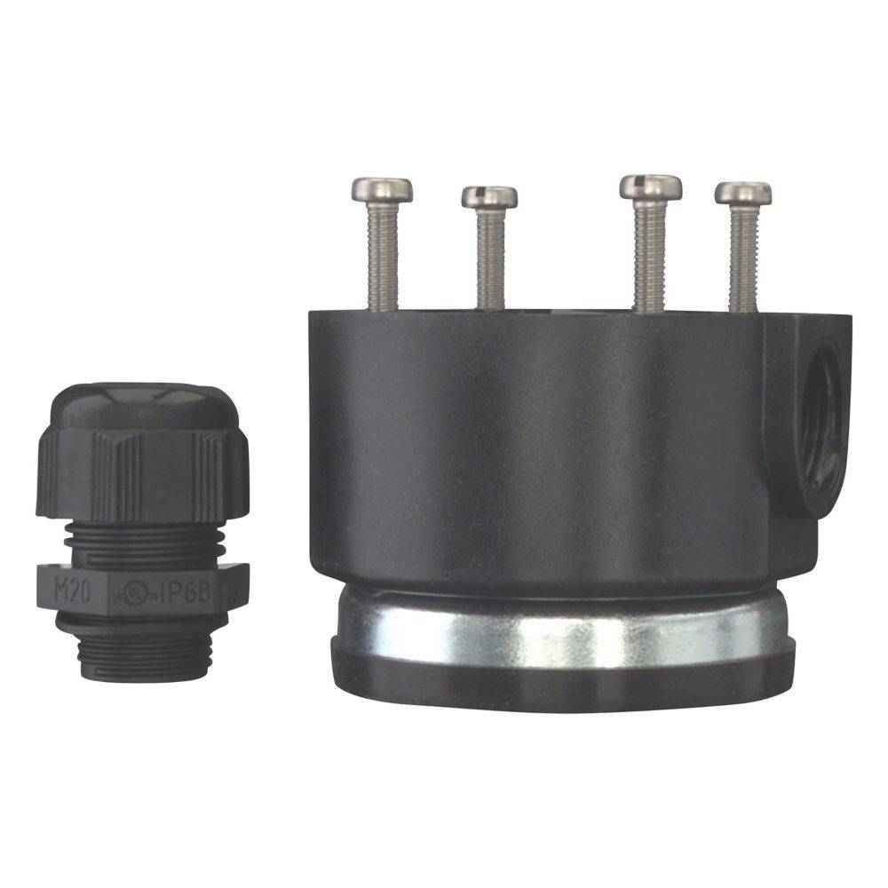 Ein schwarzer industrieller Verbinder mit vier silbernen Schraubklemmen und einem separaten schwarzen Kabelverschraubung, gekennzeichnet mit 