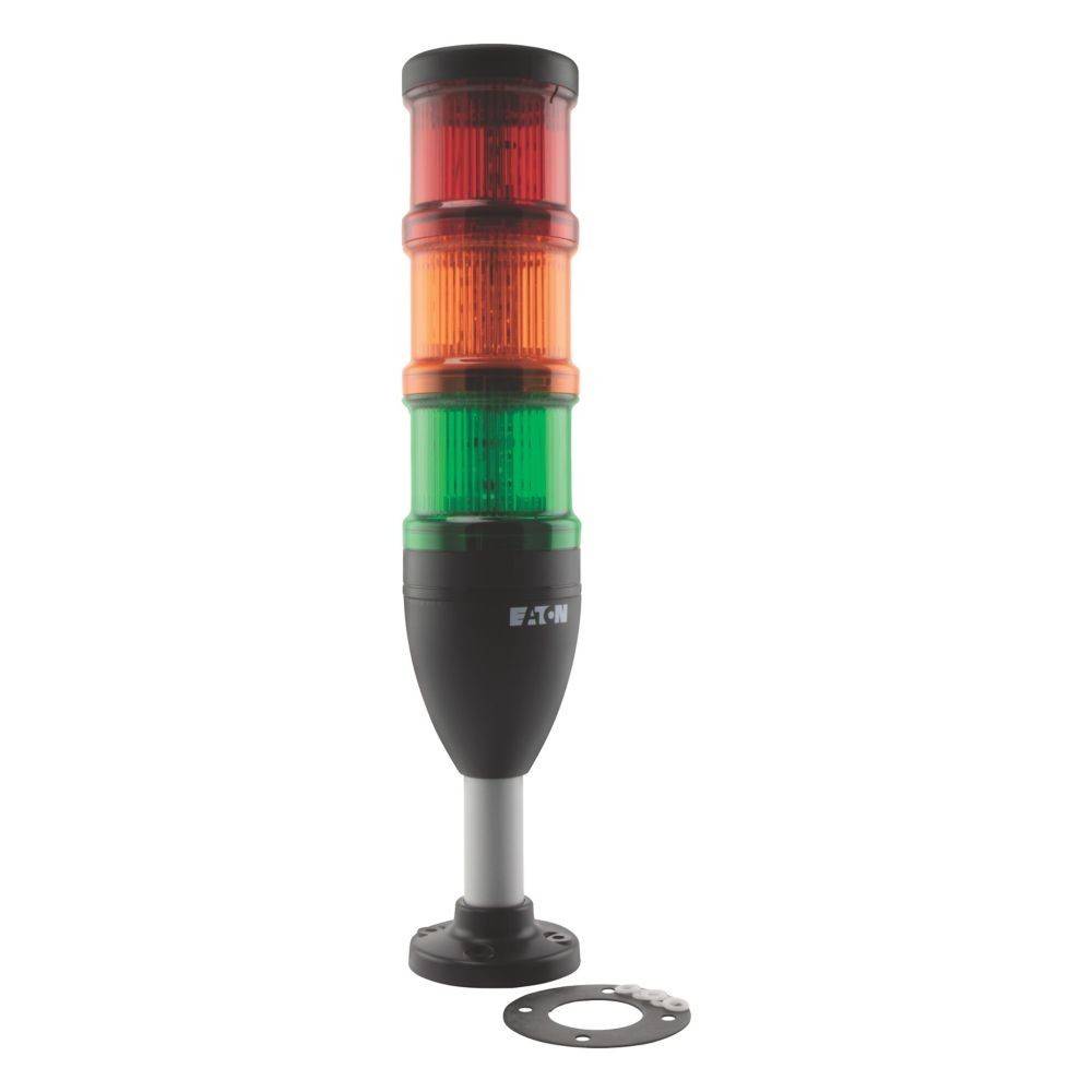 Eine Signalleuchte mit roten, orangen und grünen Lichtern zur Anzeige des Gerätestatus, die auf einem Sockel steht, mit einem abgenommenen Metallring daneben.