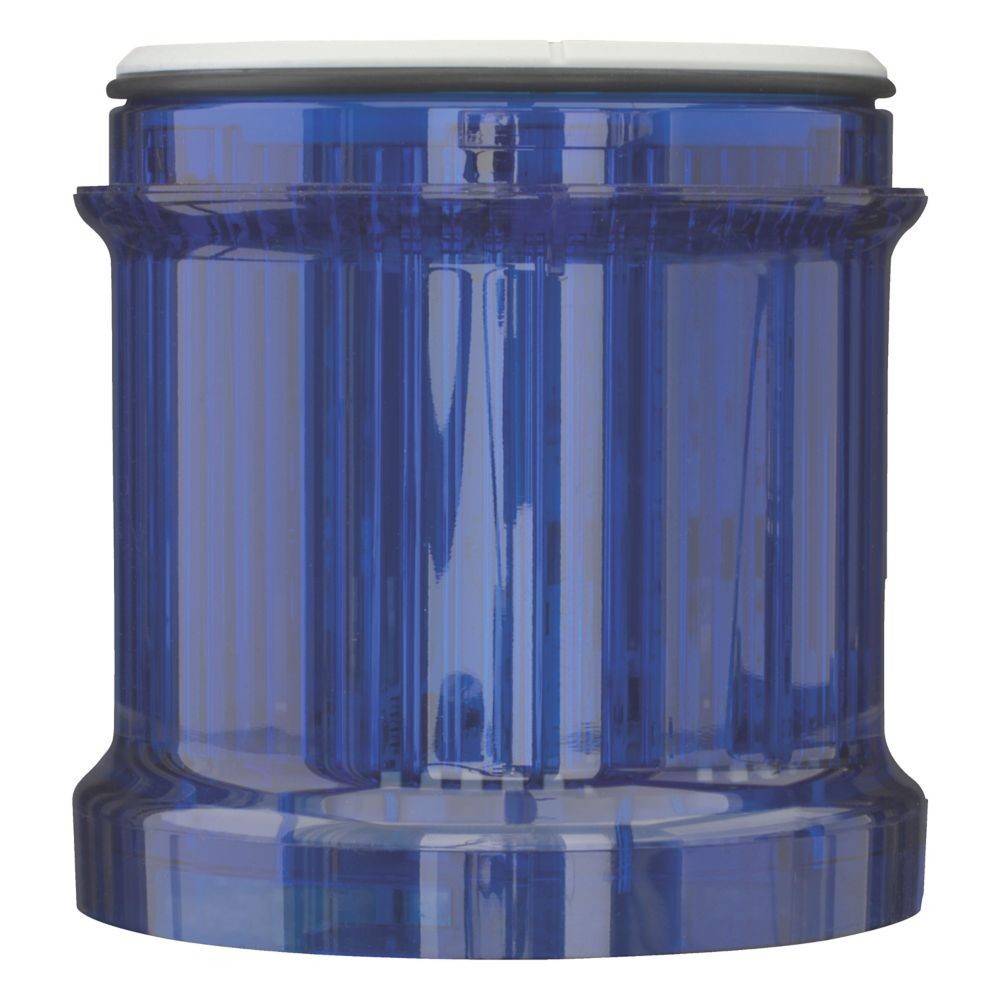 Ein transparenter blauer zylindrischer Behälter mit einem weißen Deckel, möglicherweise zur Lagerung oder Filtration verwendet.