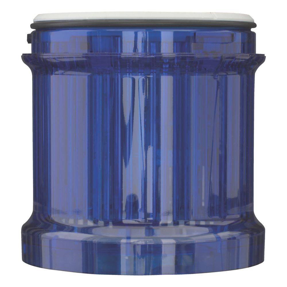 Klare blaue vertikale Röhre mit weißem Deckel, die einer Glasssäule ähnelt. Wird als Komponente eines Wasserfilters verwendet.