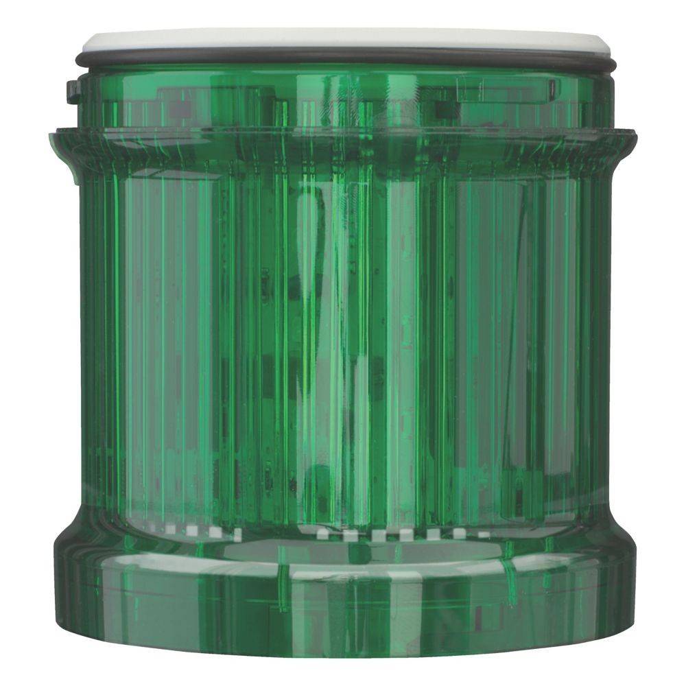 Durchsichtiger grüner Plastikbehälter mit einer zylindrischen Form und einem weißen Deckel oben drauf.