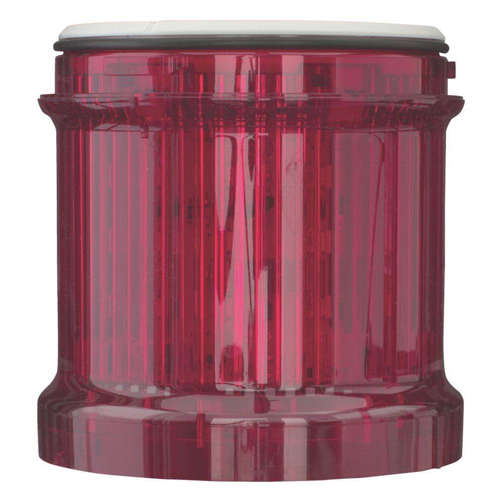 Ein roter, transparenter Kunststoffbehälter mit einem weißen Deckel, zylindrisch geformt, zur Lagerung oder Organisation.