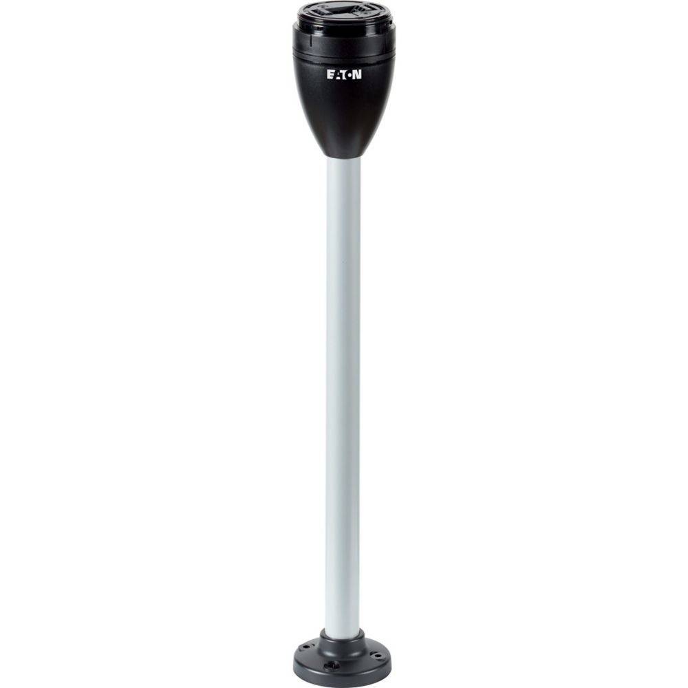 Schwarze Eaton LED-Signalleuchte auf einem hohen grauen Mast, die zur industriellen Signalgebung und Statusanzeige verwendet wird.