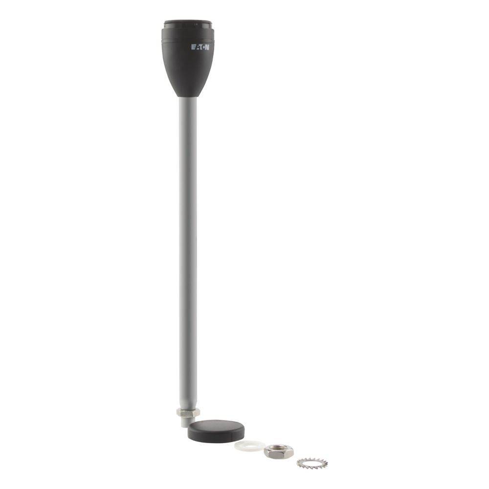 Eine schwarze und graue stehende Stehlampe mit einem langen zylindrischen Sockel, einem schwarzen Lampenschirm und separaten kreisförmigen Komponenten daneben.