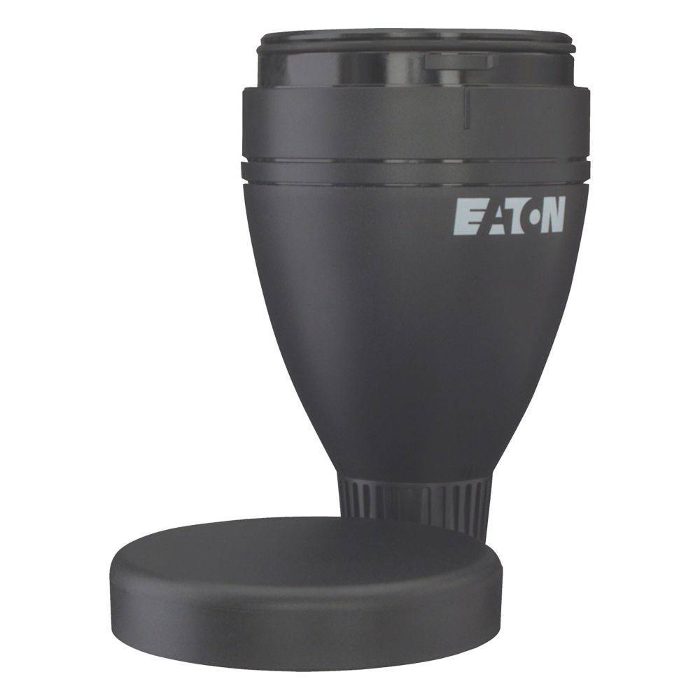 Eine schwarze Tasse mit dem Eaton-Logo, die einen abnehmbaren Deckel aufweist und neben der Tasse platziert ist, konzipiert für heiße Getränke.
