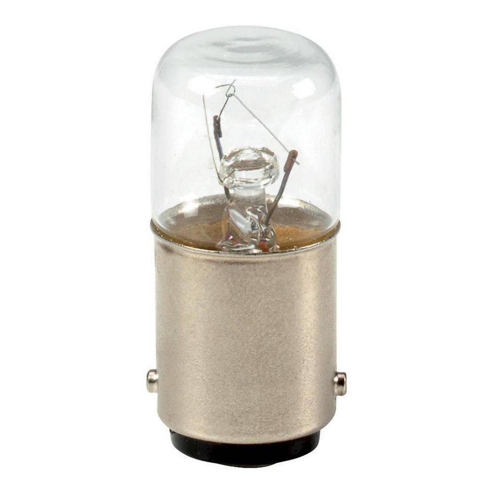 Eine kleine, zylindrische Glühbirne mit transparentem Glasdeckel und Metallsockel, mit sichtbarem Glühdraht im Inneren.