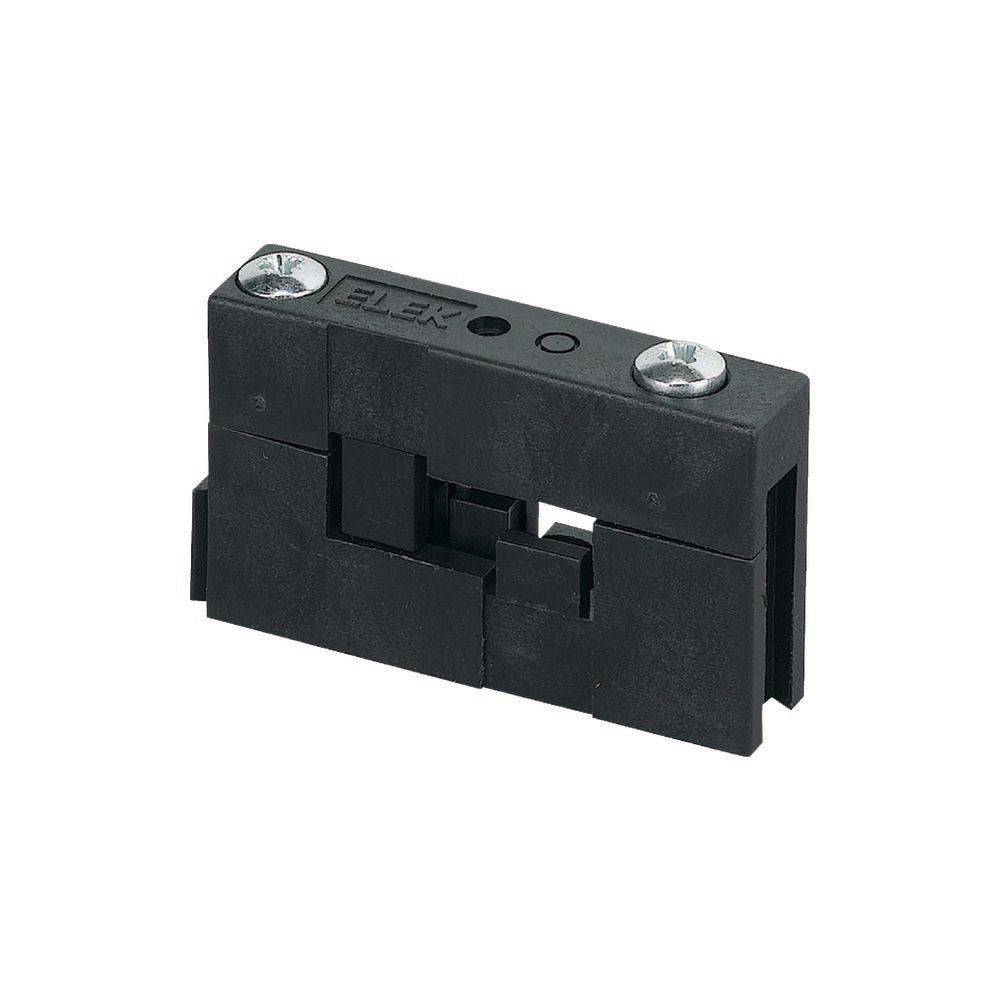 Ein schwarzer elektrischer Anschlussblock mit zwei sichtbaren Metallschrauben.