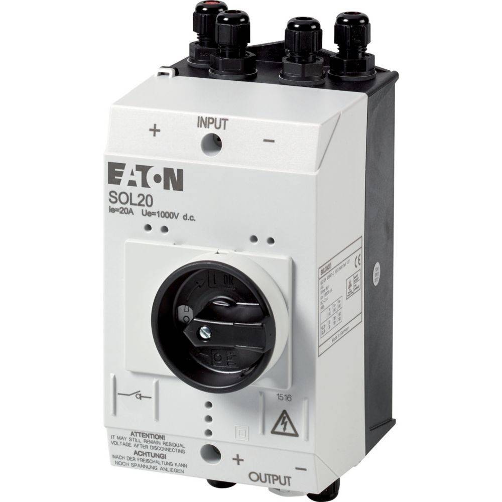 Industrieller Trennschalter mit der Bezeichnung 'Eaton SOL20'. Er verfügt über Eingänge und Ausgänge zur elektrischen Isolierung.
