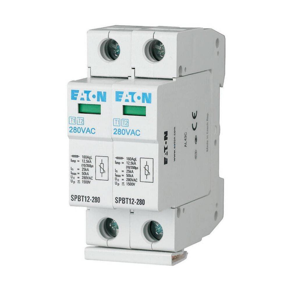 Eaton Überspannungsschutzgerät, 280 VAC, Modell SPBT12-280, weißes rechteckiges Gehäuse mit zwei beschrifteten Abteilen und sichtbaren Schrauben.