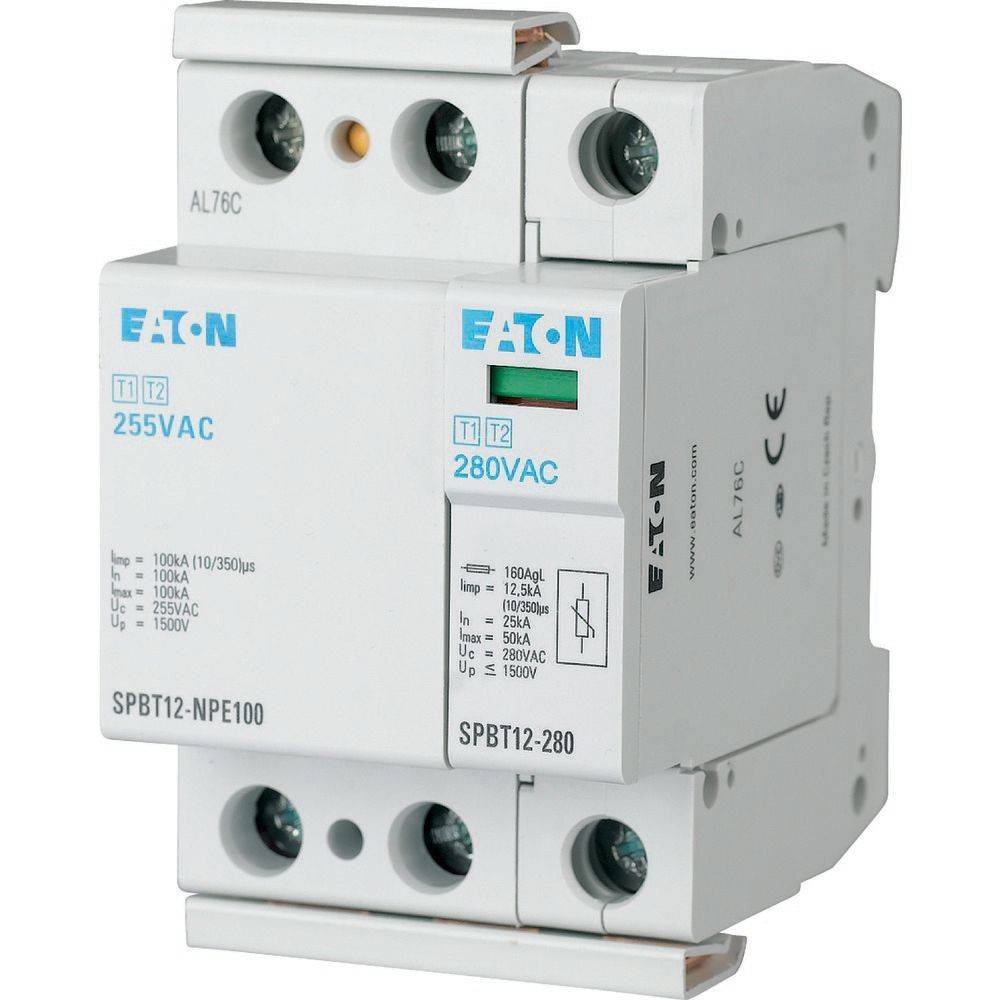 Eaton SPD-Gerät mit den Modellnummern SPBT12-NPE100 und SPBT12-280. Ausgelegt für 255 VAC und 280 VAC. Mit Anschlussklemmen und Branding versehen.