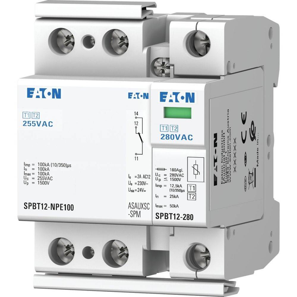 Ein Überspannungsschutzgerät von Eaton, Modell SPBT12-NPE100 und SPBT12-280, entwickelt für elektrische Systeme, mit Spezifikationen und Spannungsanzeigen.