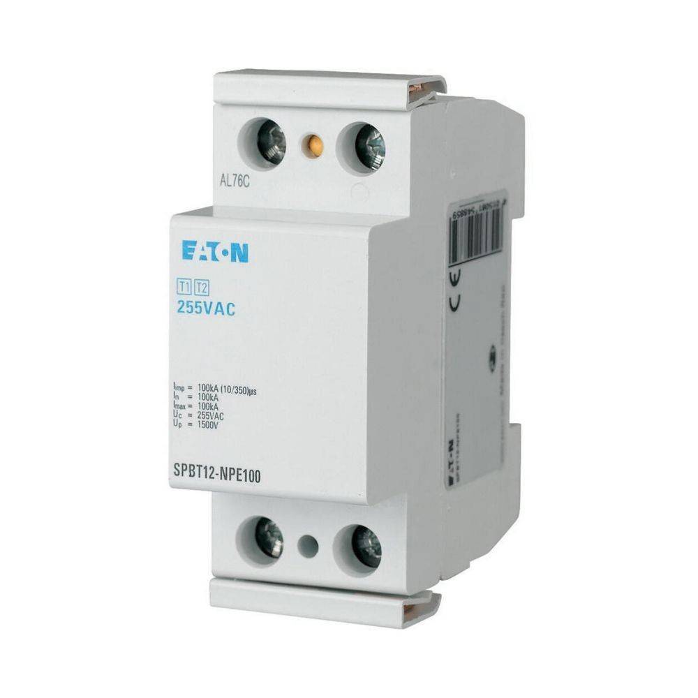 Ein weißes Eaton Überspannungsschutzgerät, ausgelegt für 255 VAC, mit Testknopf und auf der Vorderseite aufgedruckten Spezifikationen, das in elektrischen Systemen eingesetzt wird.