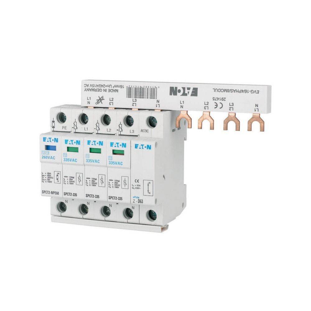 Verteilerdose mit der Bezeichnung 'EV-CH/RM/4M/3/00/U' mit vier Leitungsschutzschaltern, Kupferschienenkontakten und 'EATON' Markierung.
