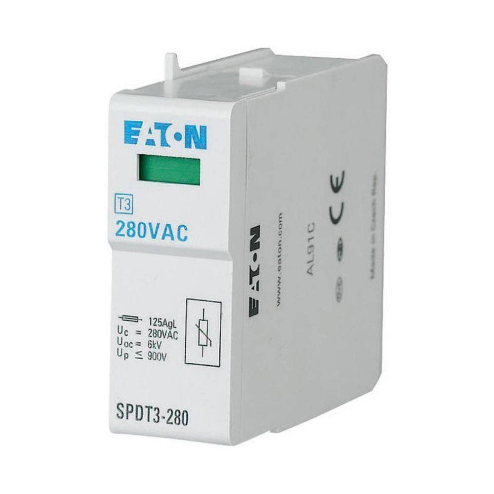 Eaton Überspannungsschutzgerät mit der Bezeichnung '280VAC'. Zeigt technische Spezifikationen: Uc = 280VAC, Up = 1,5 kV und In = 10 kA.