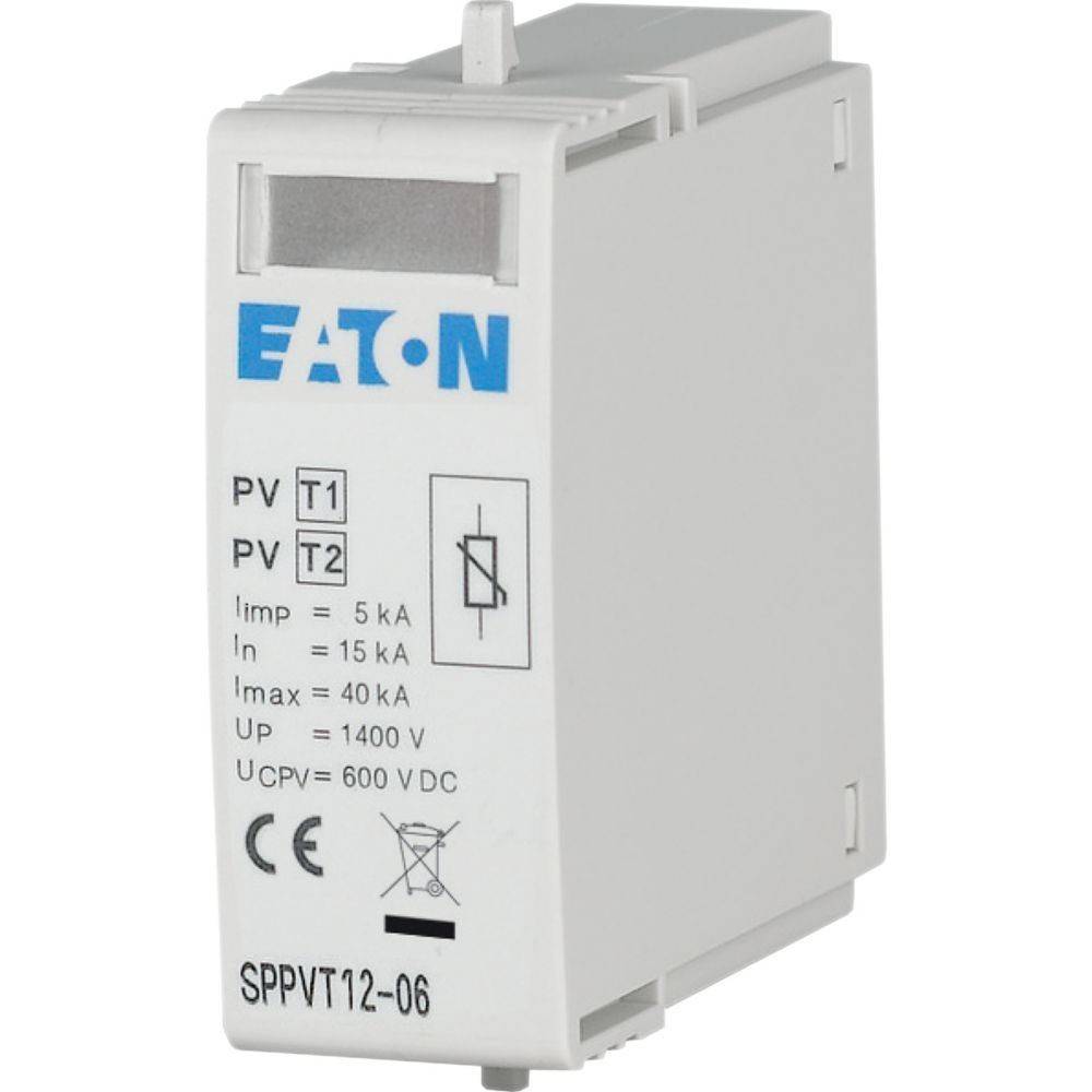EATON-Überspannungsschutzgerät mit Spezifikationen: PV T1/T2, Iimp 5kA, In 15kA, Imax 40kA, Up 1400V, UCPV 600V DC. Modell SPPVT12-06.