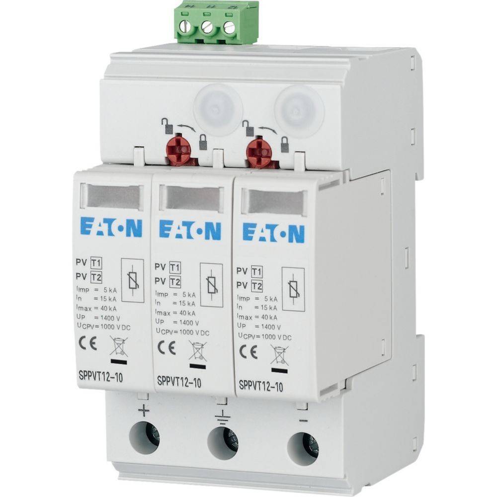 Ein Eaton Überspannungsschutzgerät (SPD) für Photovoltaik-(PV)-Systeme mit drei Modulen und technischen Spezifikationen auf jedem Modul.