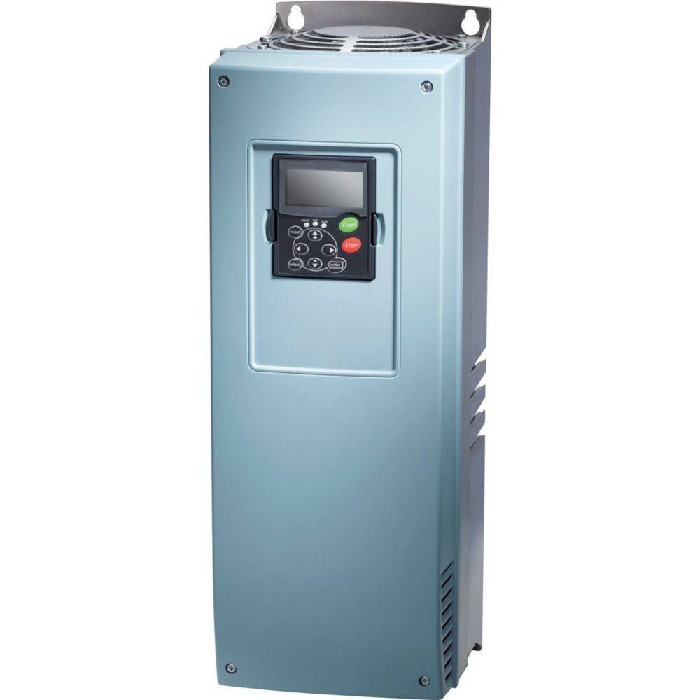 Ein vertikales industrielles Gerät mit einer Bedienungstafel, die Tasten und ein Display umfasst, aufgesetzt auf einem Metallgehäuse; für elektrische Anwendungen.
