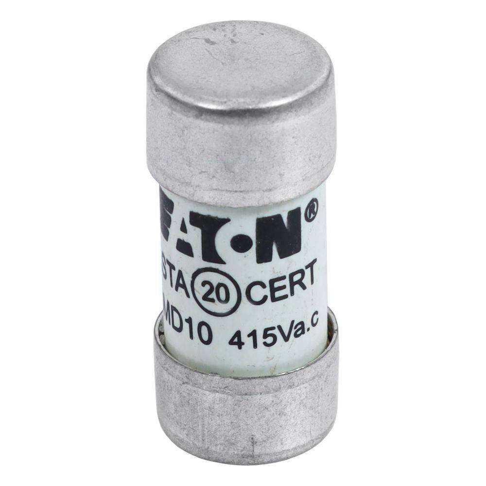 Eine zylindrische elektrische Sicherung, gekennzeichnet mit 'EATON 10A, 415V a.c.', die verwendet wird, um Stromkreise vor Überstrom zu schützen.