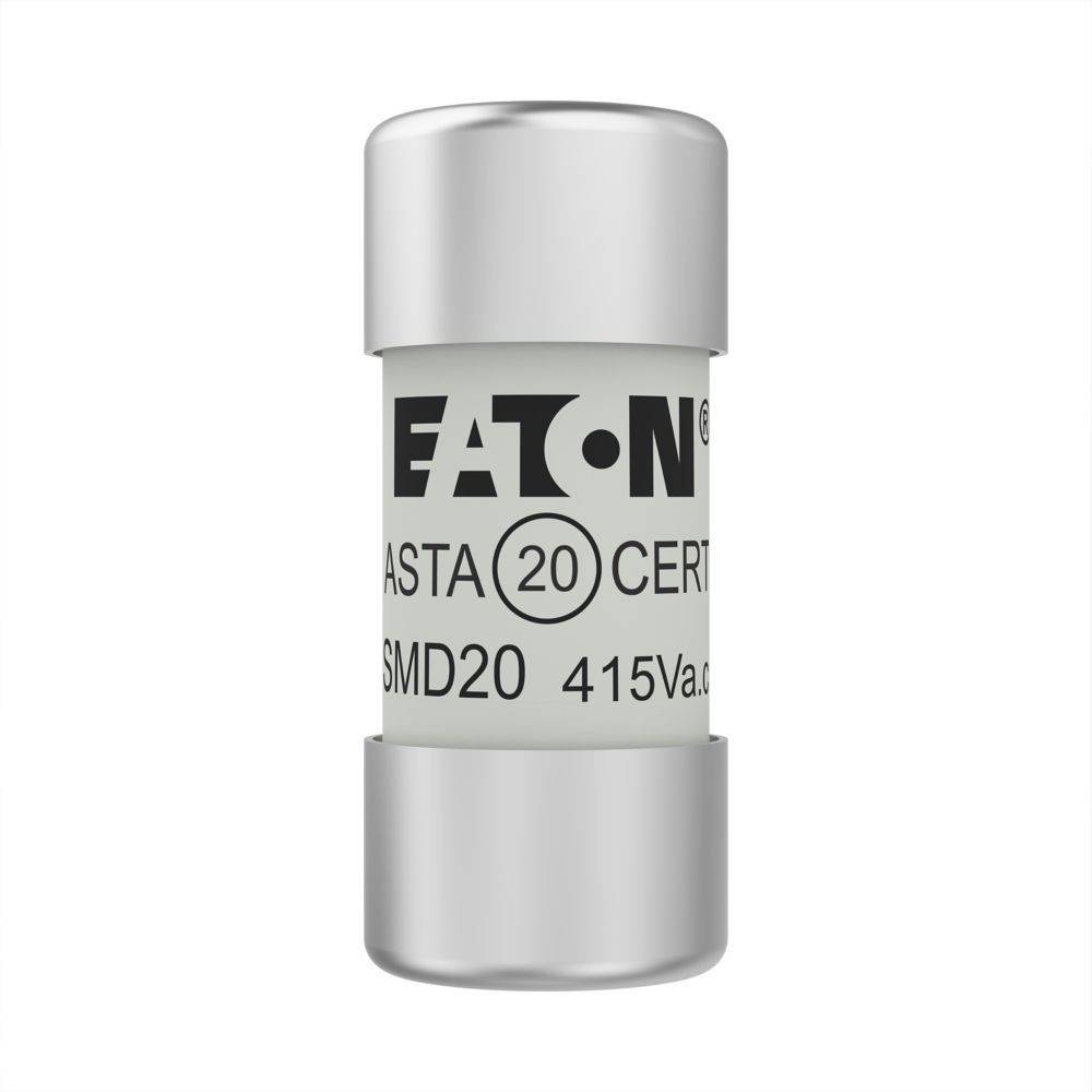 Eine kleine, zylindrische Sicherung mit der Aufschrift 'EATON', 'ASTA 20 CERT' und 'SMD20 415V'. Sie wird zur elektrischen Sicherheit in Stromkreisen verwendet.