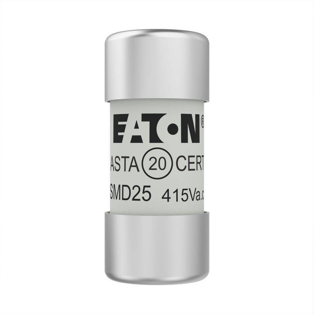 Eine zylindrische Sicherung mit der Beschriftung 'Eaton ASTA 20 CERT SMD25 415V ac', die für den elektrischen Leitungsschutz entwickelt wurde.