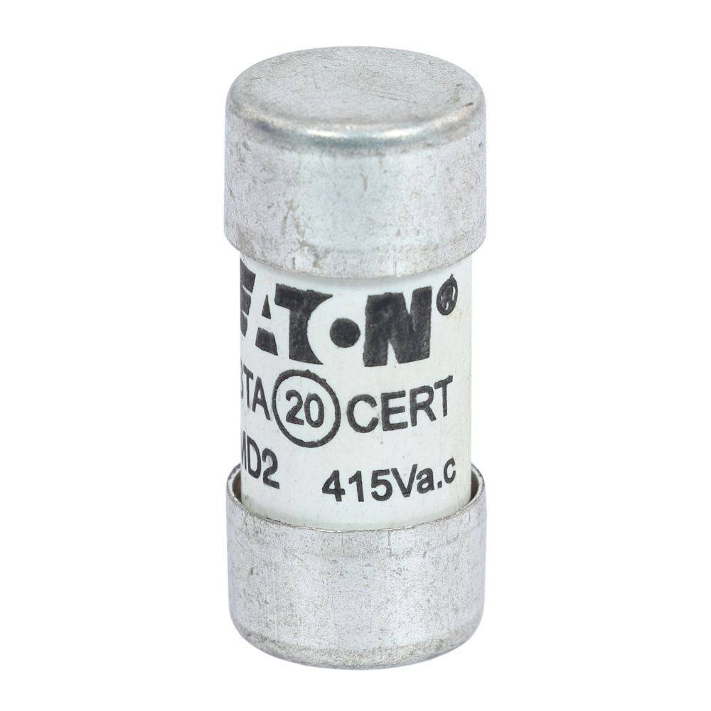 Ein Nahaufnahmebild einer zylindrischen elektrischen Sicherung mit dem Markennamen 'EATON', ausgelegt für '20A', '415Va.c.'. Die Sicherung ist metallisch mit Beschriftung.